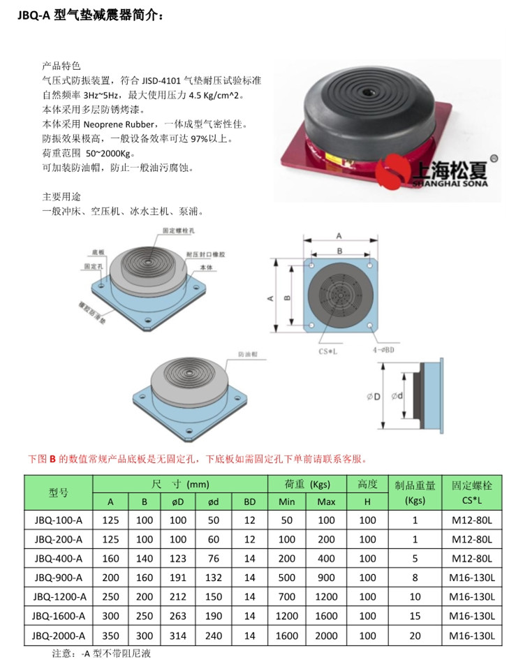 JBQ-A型气垫式减震器介绍以及尺寸表